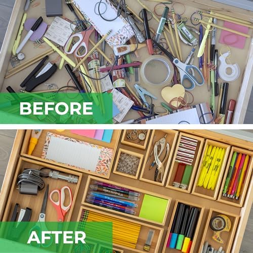 Grow Forward Bamboo Drawer Organizer Boxes - Set of 14 Wooden Drawer