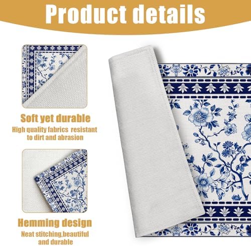 Blue White Floral Placemats Set of 6, Chinoiserie Flower Linen Place