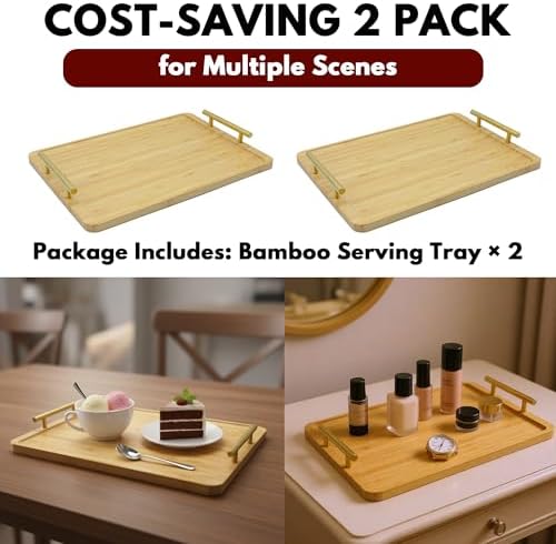2 Pack Bamboo Serving Tray with Metal Handles, 15.8×11.4“ Solid Wooden