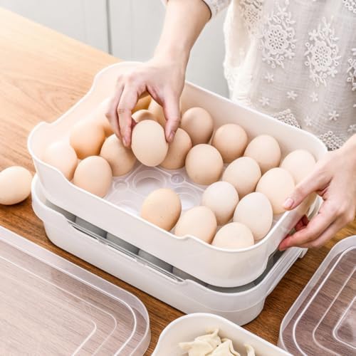 White PP Egg Storage Box with Lid, Stackable Refrigerator Tray