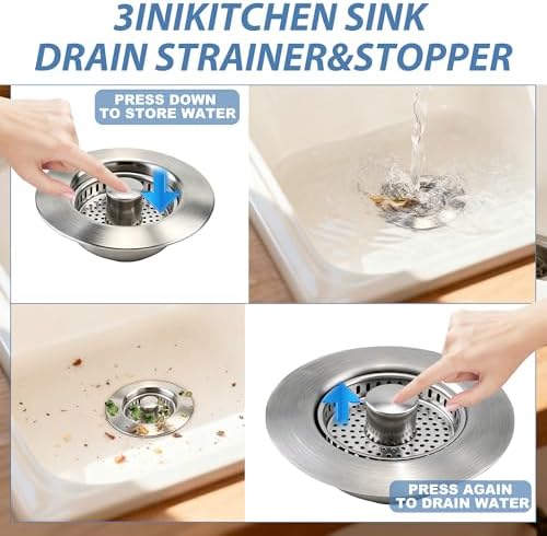 Kitchen Sink Drain Strainer,Stainless Steel 3-in-1 Pop-up Sink Stopper
