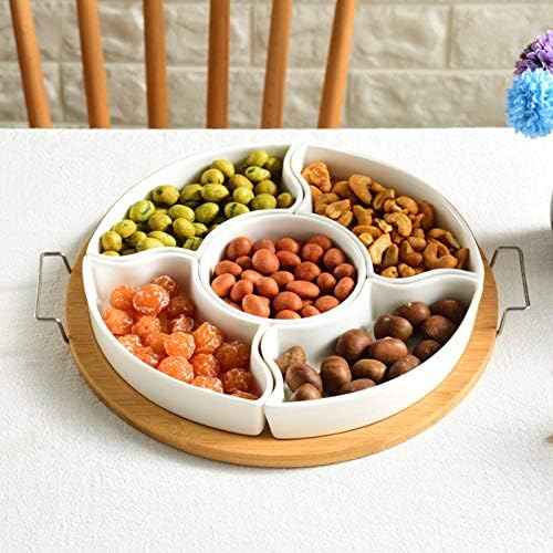 yarlung 11 Inch Ceramic Divided Serving Dishes with Bamboo Platter, Appetizer Tray 5 Removable Snacks Bowls for Candy and Nut, Chips and Dips, No Lid Included