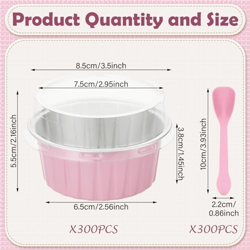 Hushee 300 Set Aluminum Foil Baking Cups with Lid Spoons, Round, Pink