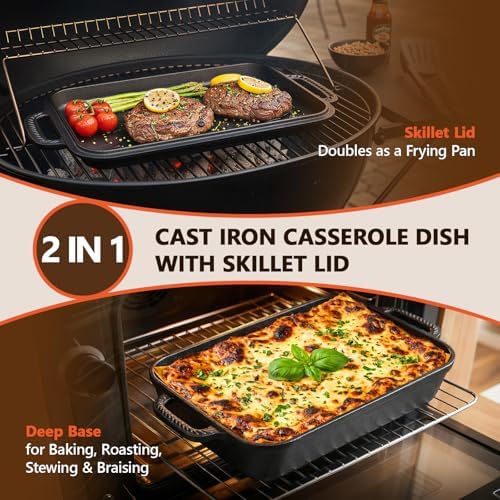 Cast Iron Casserole Dish with Lid, 9x13", 2-In-1