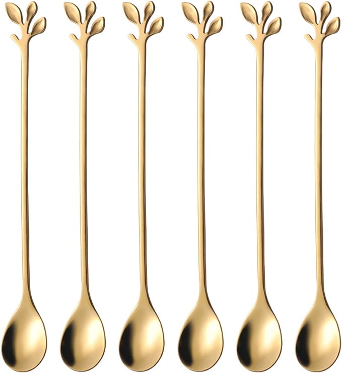 AnSaw 6-Piece Elegant Gold Leaf Long Handle Teaspoons by AnSaw