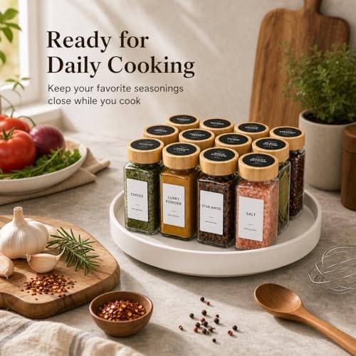 EHME EHME EHME 14 Pcs Glass Spice Jars Bamboo Lids with Lazy Susan