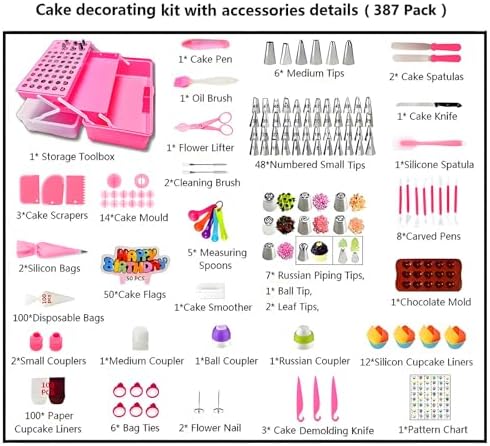 Cake Decorating Kit, 387 Pcs Baking Supplies (Pink)