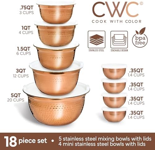 COOK WITH COLOR 18 Piece Mixing Bowls Set with Airtight Lids, Handcrafted Stainless Steel Bowls, Food Storage Containers, Meal Prep, Nesting Salad Bowls For Cooking, Baking, Kitchen, Copper - Hammered