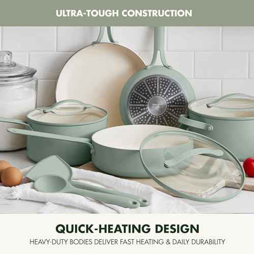 GreenPan Nova 10-Piece Nonstick Cookware Set, PFAS-Free Ceramic Pots & Pans with Silicone Cooking Utensils, Durable Fast Heating, Induction Ready, Oven Safe to 600°F, Dishwasher Safe, Pistachio Green