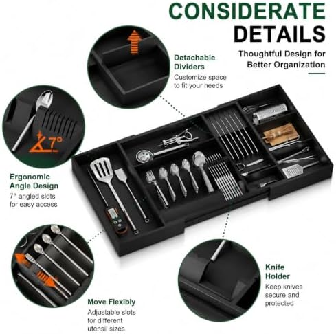Bamboo Expandable Kitchen Drawer Organizer, 17.8-30 in,Black