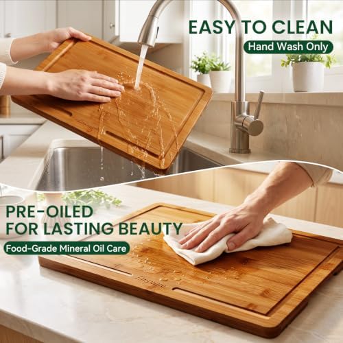 Empune Bamboo Cutting Board Set with Stand & Juice Grooves, Deep