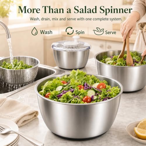 5.3 Qt Stainless Steel Salad Spinner with Storage Lid, Beige White