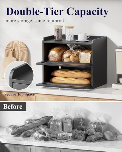 Kitsure Wooden Bread Box for Kitchen Countertop, Large Capacity, Black