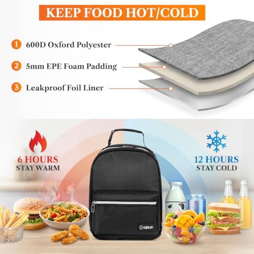 opux Insulated Lunch Box for Kids and Adults, Black