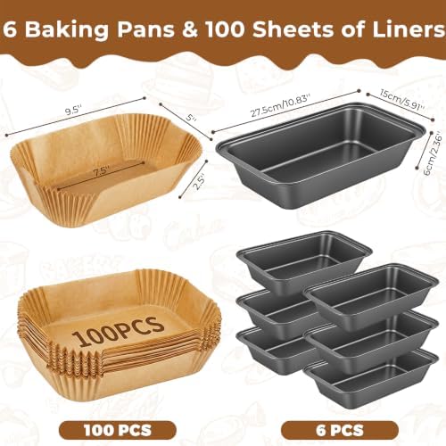 6 Pack Bread Loaf Pan with 100 PCS Loaf Pan Liners, Nonstick