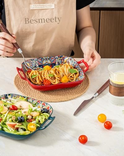 Besmeety Square Pasta Bowls with Handle, Boho Salad Serving Bowls Set of 2, Ceramic 7.09" Pasta Plates for Housewarming Present, Party (Green+Red)