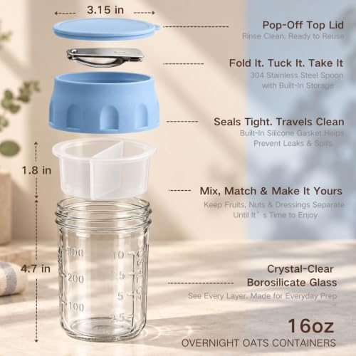 4 Pack Overnight Oats Containers with Lids, Spoons, Snack Cups & Steel
