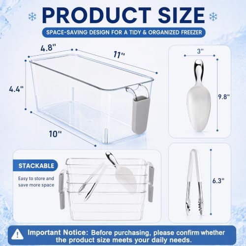 Pumtus 4 Pack Clear Ice Bins for Freezer, Plastic Ice Bucket with