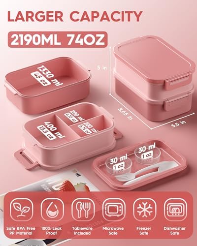 Adults Bento Lunch Box Set with Thermo Bag, 74oz Stackable Leak-proof