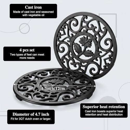 4 Pack Cast Iron Trivets for Hot Dishes 4.7 Inch Round Metal Trivet