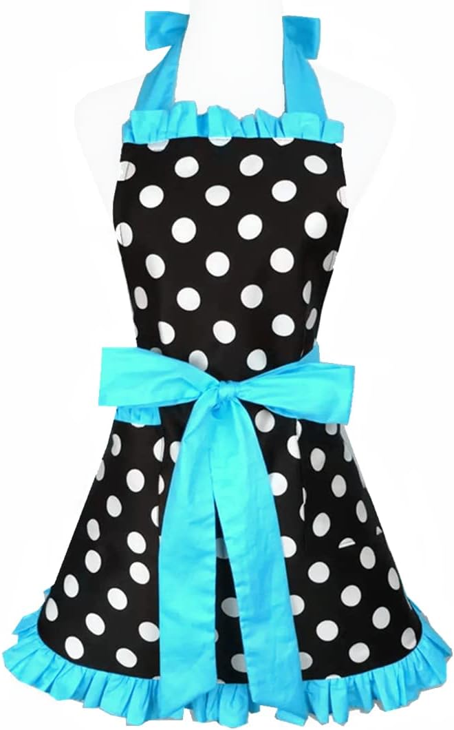 Hyzrz Cute Apron Retro Black Polka Dot Retro Ruffle Side Vintage Cooking Aprons by Hyzrz