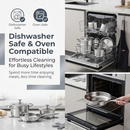 Stainless Steel Cookware Set, 16-Piece Pots and Pans Set Non Toxic, Kitchen Induction Cookware with Glass Lids, Steamer, Utensil Sets, Pot Protectors & Apron, Oven & Dishwasher Safe, Silver