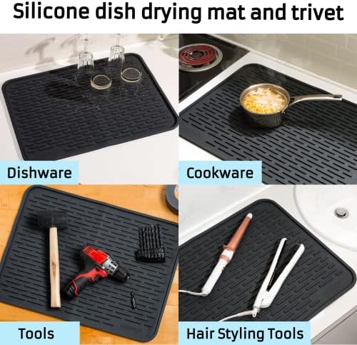 HOTPOP XXL 24"x18" Large Black Dish Silicone Drying Mat and Trivet