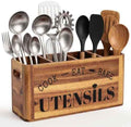 INSAGO Extra Large Acacia Wood Utensil Holder With 4 Compartments & Handles