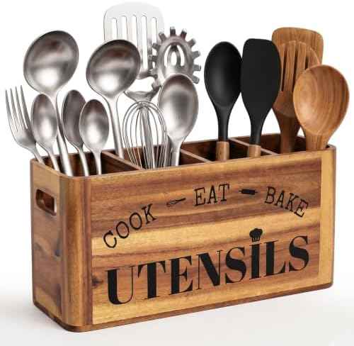 INSAGO Extra Large Acacia Wood Utensil Holder With 4 Compartments & Handles