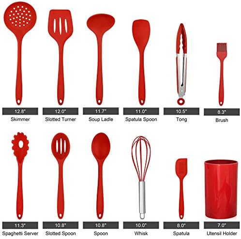 LIANYU 12-Piece Red Silicone Kitchen Utensils with Holder