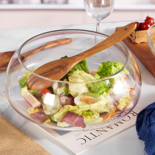 Large Glass Salad Bowl Set - 4.5 Quart Mixing Bowl With Acacia Wood
