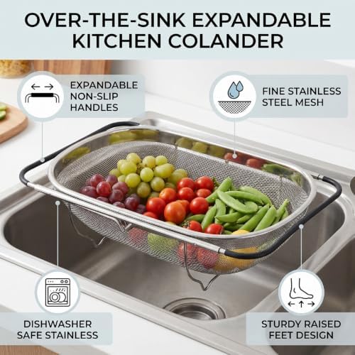 Stainless Steel Expandable Over Sink Colander Oval Large Capacity