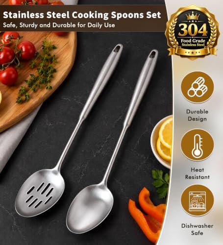 2 Pcs Stainless Steel Cooking Spoons Set, 304 Solid & Slotted Metal