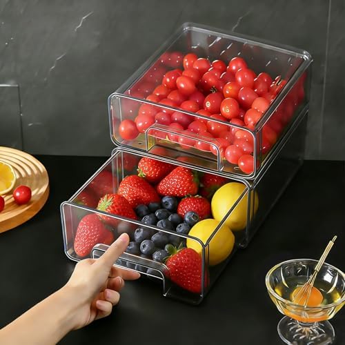 2 Pack Fridge Drawers with Lids, Stackable Pull-Out Food Bins with Lid