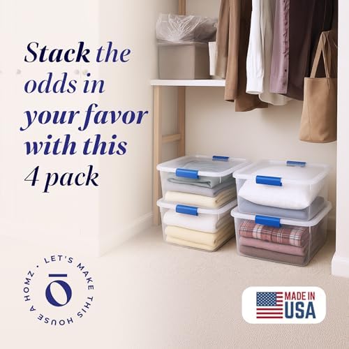 HOMZ 15.5 Qt Clear Plastic Storage Bins with Lids, 4 Pack