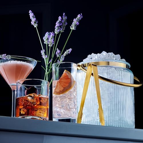 Le'raze Glass Ice Bucket with Airtight Lid, Tong Scooper and Handle