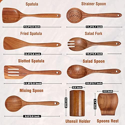 9 PCS Wooden Spoons for Cooking, Utensils With Holder, Teak Kitchen