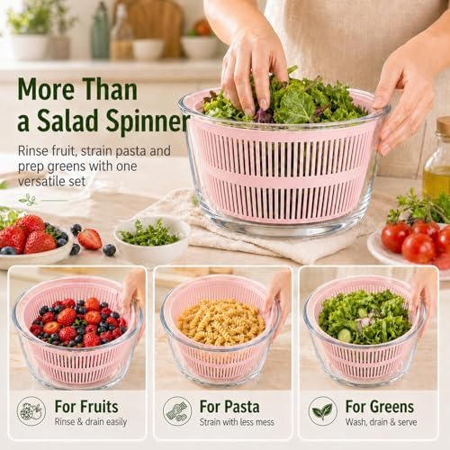 Glass Salad Spinner 3.2 Qt, Small Salad Spinner, Glass Bowl, Pink