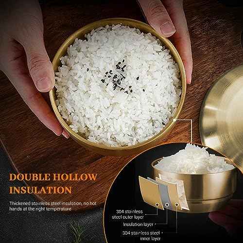 4Pcs Stainless Steel Rice Bowl with Lid 4.7In, 13 oz Double-Walled Insulated Metal Snack Bowls, Small Metal Serving Bowls, Appetizer Bowls Gold for Sauces, Noodles, Ice Cream, Oat, Cereal (4)