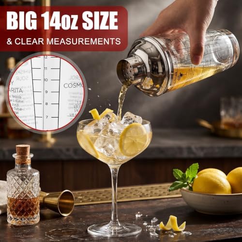 Hushee 2 Pcs 14 oz Glass Cocktail Shaker with Measurements and 6