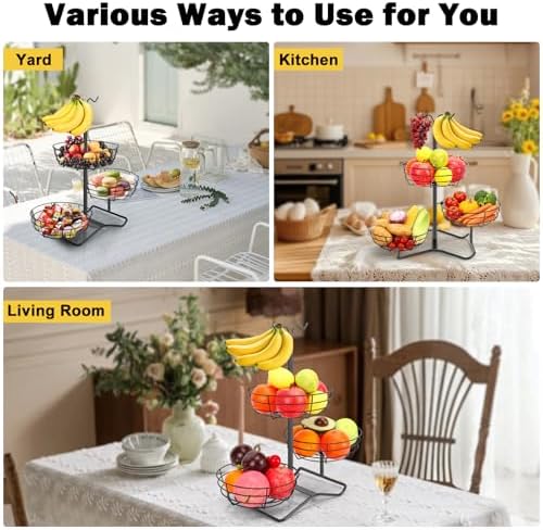 3 Tier Fruit Basket Bowl with 2 Banana Hooks, Solid Metal Standing Vegetable Storage for Kitchen Counter, Large Capacity Organizer for Bread Snack Produce (Black)
