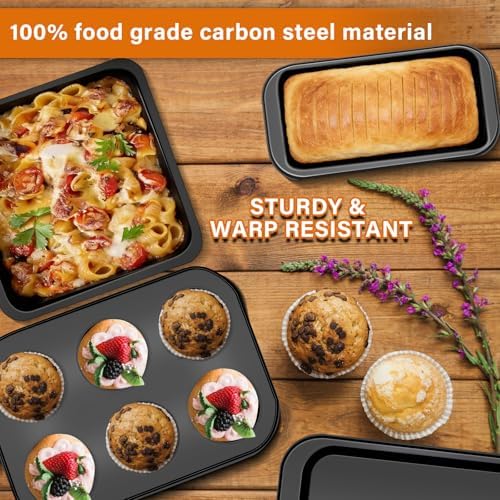 6-Piece Carbon Steel Bakeware Set, Nonstick Baking Pans with Cookie Sheet, Deep Roaster, Square Pan, Loaf Pan, Muffin Pan for Cooking,Baking Pans Set (black)