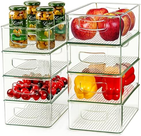 Hudgan Clear Storage Bins 8 Packs for Refrigerator, 4 Large Stackable Pantry Organizer Bins and 4 Medium Storage Plastic Containers for Home Edit, Kitchen, Freezer, Bathroom, Drawers, Shelves