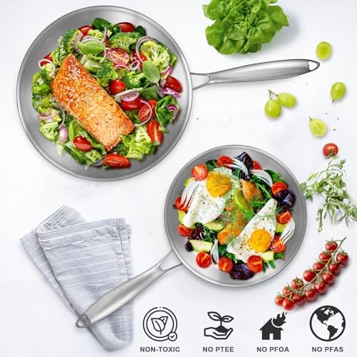 EWFEN Tri-Ply Stainless Steel Frying Pans Set, 8”/10”/12” Cooking