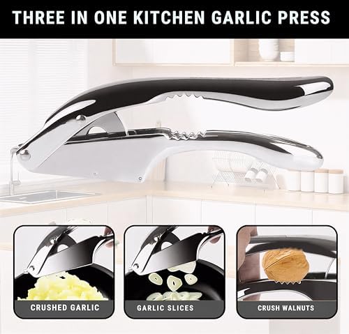 Stainless Steel Garlic Press and Slicer, 3-in-1