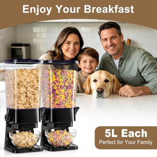 Cereal Dispenser Countertop Black 2 Pack with Bowl Spoon, 5.5 QT Cereal Containers Storage, Snack Dispenser for Pantry Kitchen Organization Oatmeal Nut Granola Candy Dry Dood