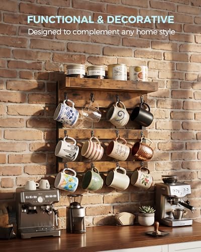 OROPY Coffee Mug Rack Wall Mounted, Rustic Wood Cups Rack, 12 Hooks &