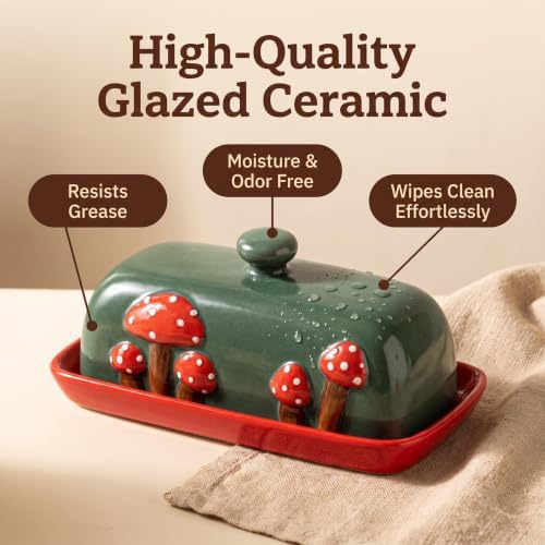 Mushroom Ceramic Covered Butter Dish Red Base Green Lid Plate with
