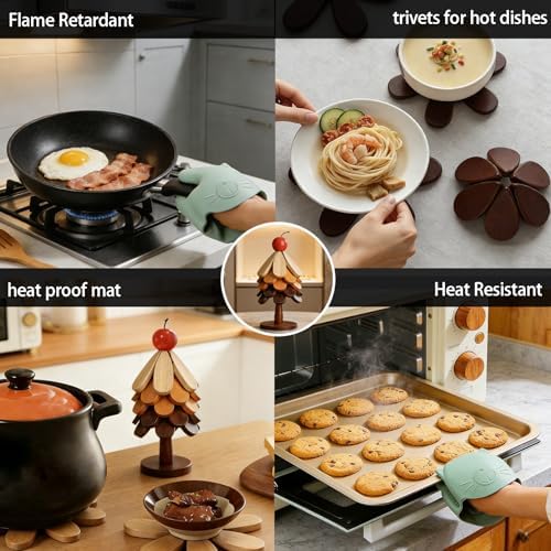 5Pcs Foldable Pine Wood Christmas Tree Trivet Set with Stand, 2