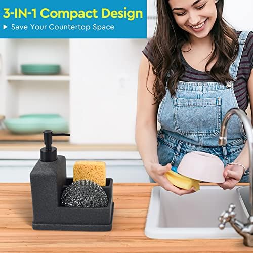 Dish Soap Dispenser with Sponge Holder, 3-in-1, Black